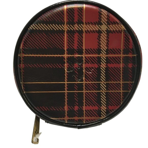 Patricia Nash Diamante Leather Round Zip Jewelry Case Bag Plaid Tartan Red Pouch - Picture 3 of 11